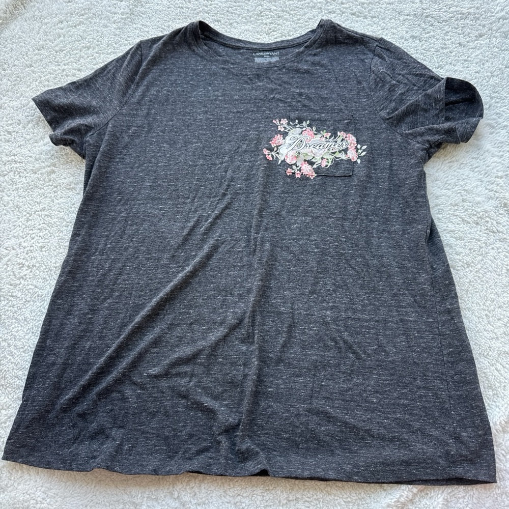 Lane Bryant Charcoal Heather Tee with Pink Floral Pocket